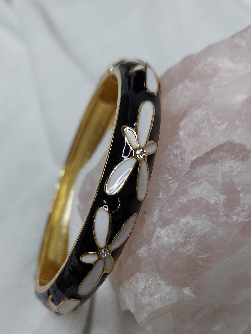 Gold-Tone Black Enamel Floral Bangle Bracelet with White Petals